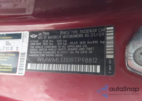 2009 Mini Cooper Clubman from USA, damaged, VIN WMWML33519TP98812